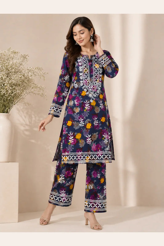 Rayon Floral Print Coord Set with Heavy Embroidery Work