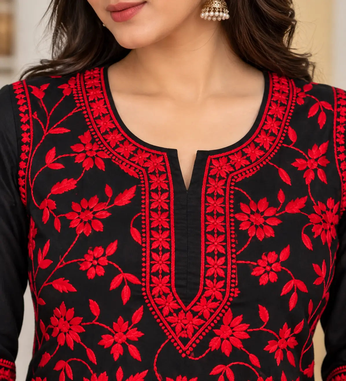 Close-up of a black and red embroidered kurta top worn by a model, featuring red floral embroidery on a black base with a split neckline.