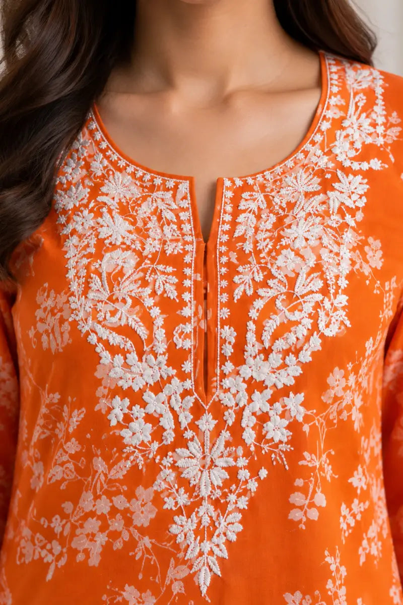 Malmal Cotton Computer Embroidered Kurti with White Palazzo Set