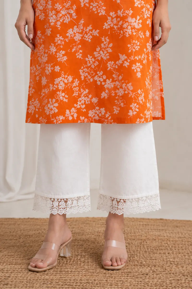 Malmal Cotton Computer Embroidered Kurti with White Palazzo Set