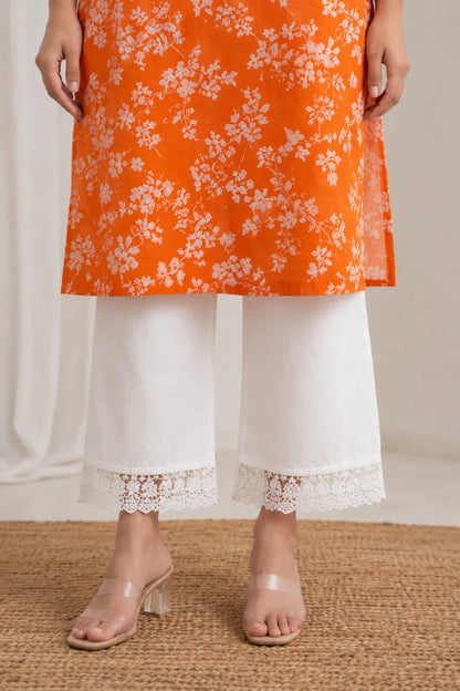 Malmal Cotton Computer Embroidered Kurti with White Palazzo Set
