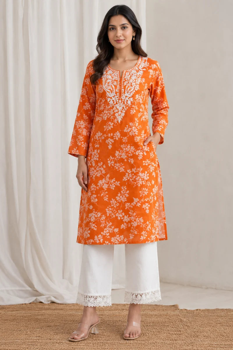 Malmal Cotton Computer Embroidered Kurti with White Palazzo Set