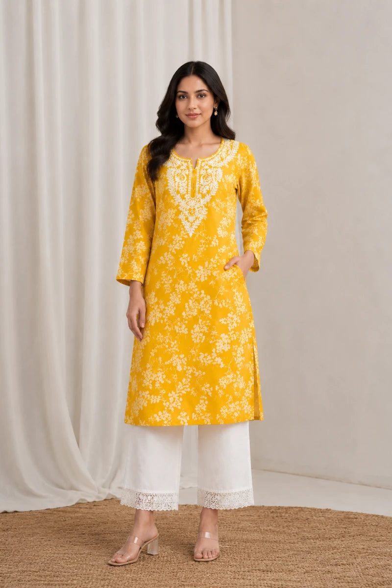 Malmal Cotton Computer Embroidered Kurti with White Palazzo Set