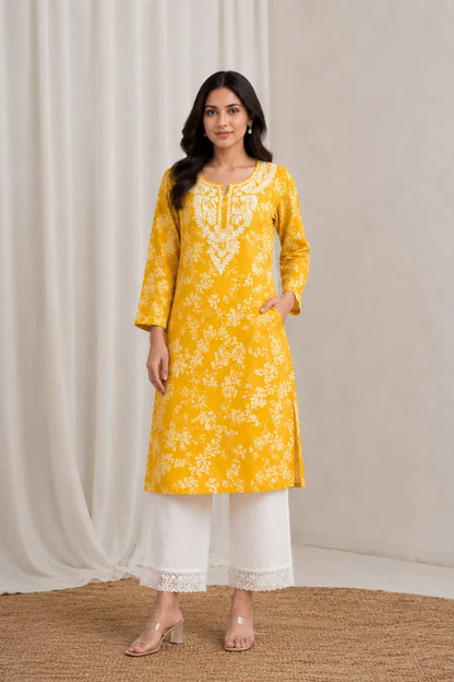 Malmal Cotton Computer Embroidered Kurti with White Palazzo Set