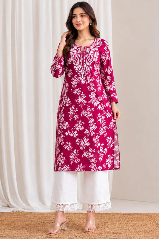 Malmal Cotton Computer Embroidered Kurti with White Palazzo Set