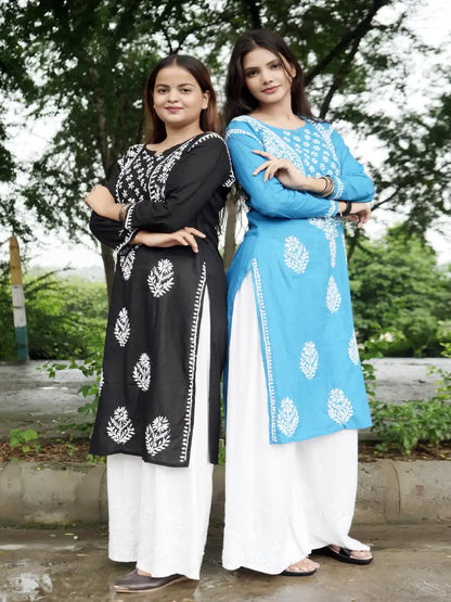 Cyan Blue Cotton Chikankari Kurti with Gala Booti & Sleeve Embroidery
