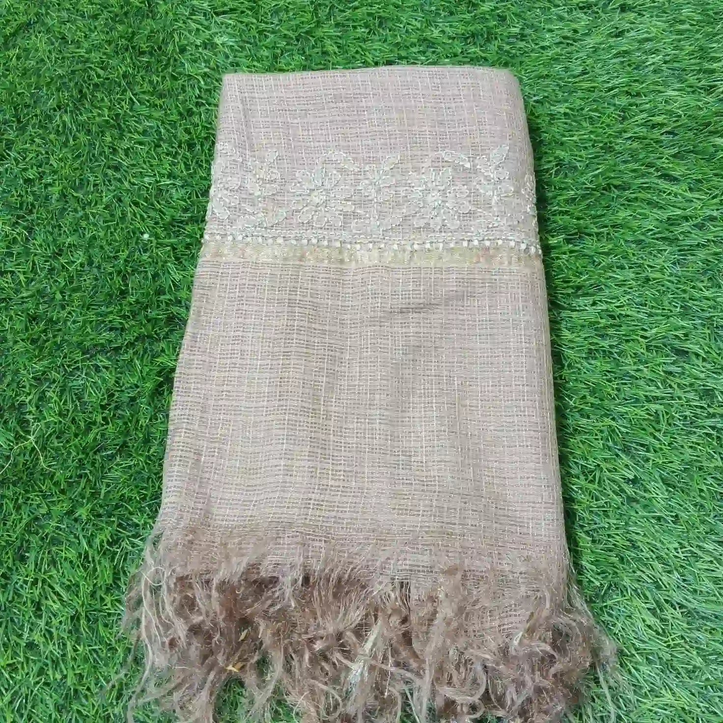 Earthy Charm – Brown Munga Kota Dupatta with Textured Border - Dniza Chikankari
