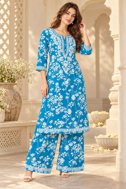 Mulmul Chikankari Floral Kurta Palazzo Set