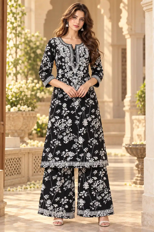 Mulmul Chikankari Floral Kurta Palazzo Set