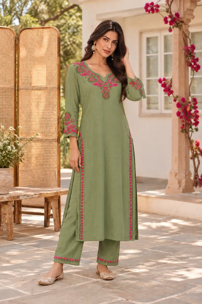 Chikankari Embroidered Rayon Kurta Pant Set