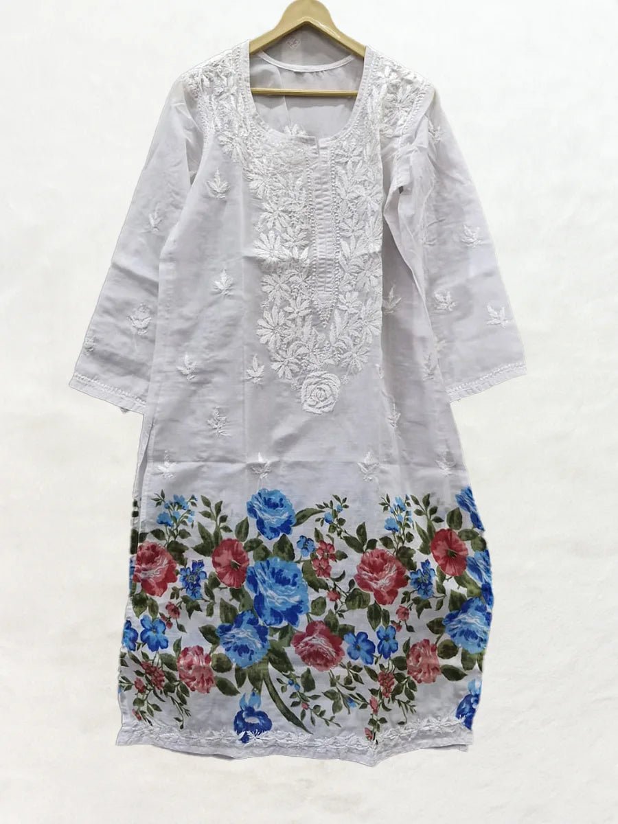 Garden Breeze – Multicolor Kurti with Blue & Maroon Floral Accents - Dniza Chikankari