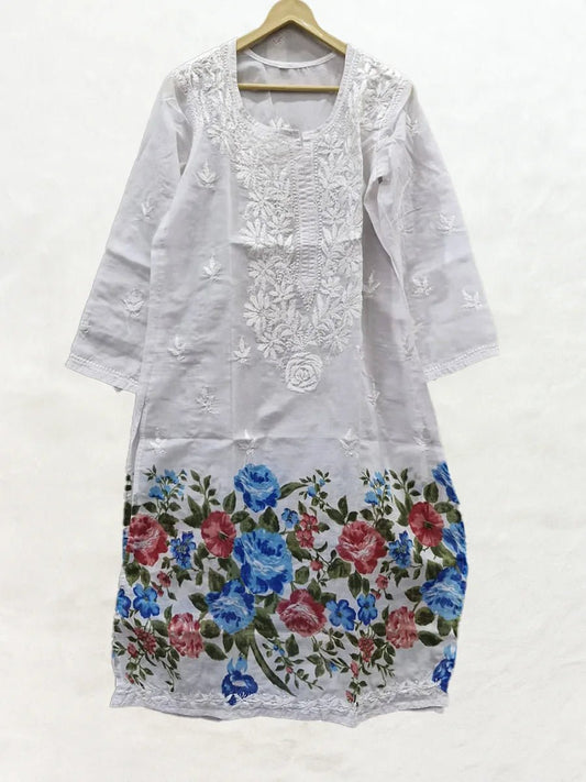 Garden Breeze – Multicolor Kurti with Blue & Maroon Floral Accents - Dniza Chikankari