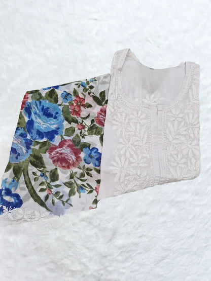 Garden Breeze – Multicolor Kurti with Blue & Maroon Floral Accents - Dniza Chikankari