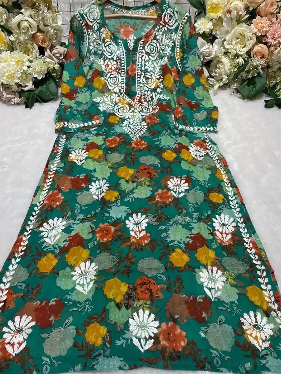Garden Symphony – Printed Mulmul Kurti with Multicolor Floral Mix - Dniza Chikankari