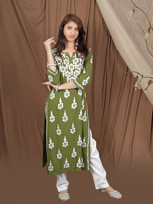 Grace in Green: Rayon Chikankari Kurti & Palazzo Set - Dniza Chikankari