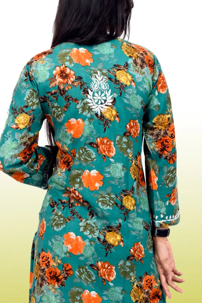 green floral chiikankari set back work