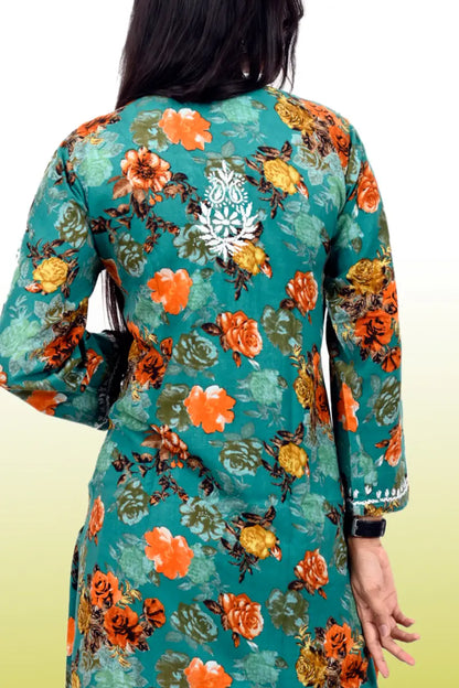 green floral chiikankari set back work