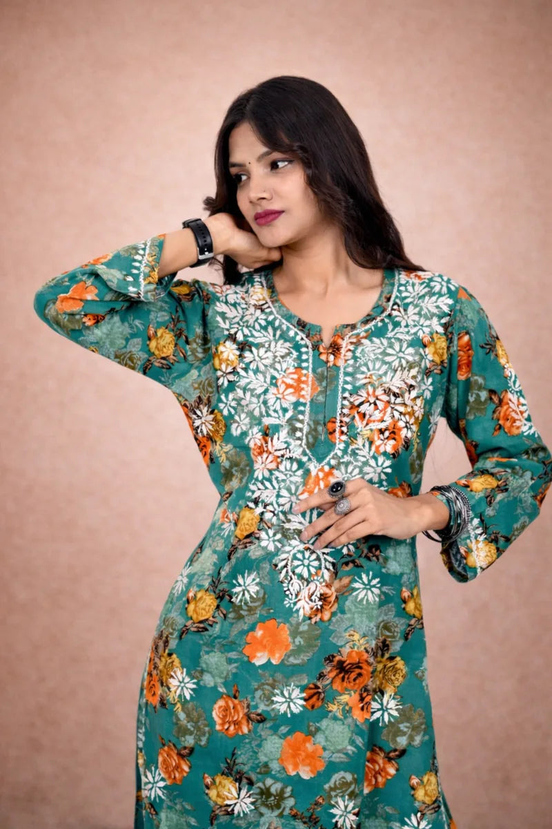 green floral chiikankari set front