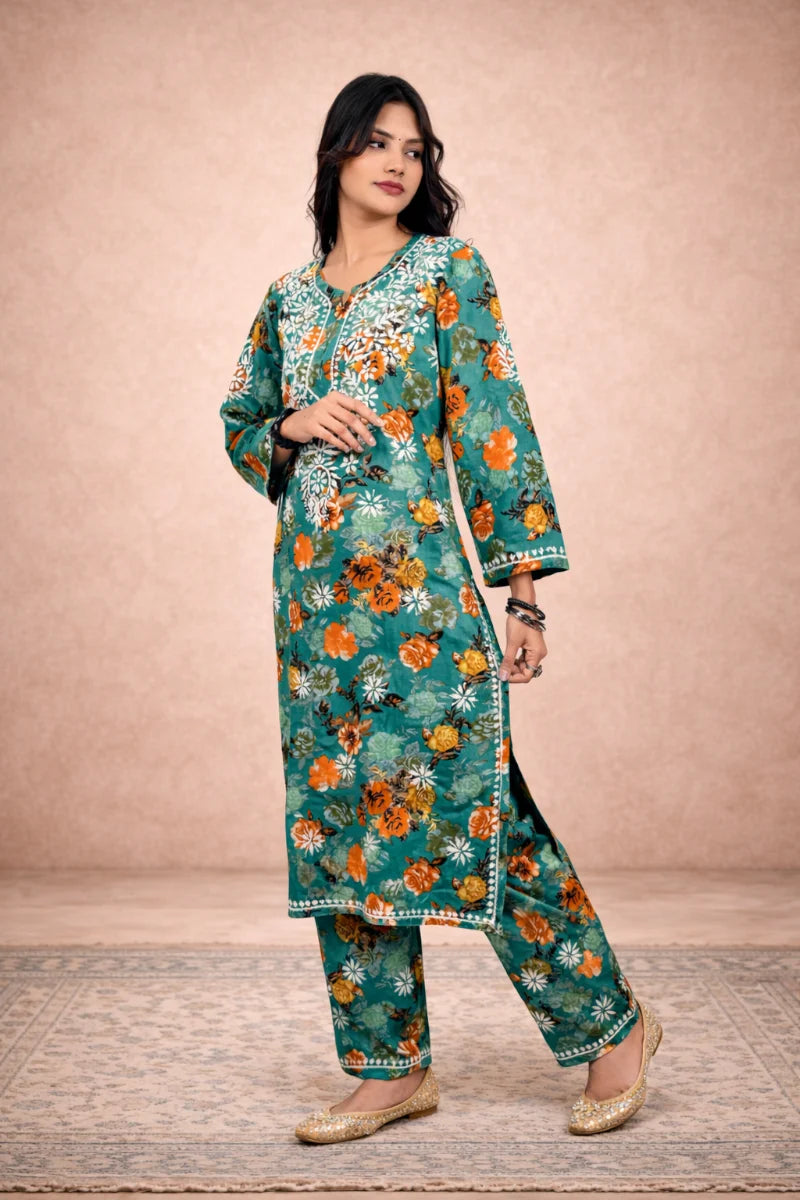 Leafy Meadow Green  Floral Printed Rayon Kurta Pant Set