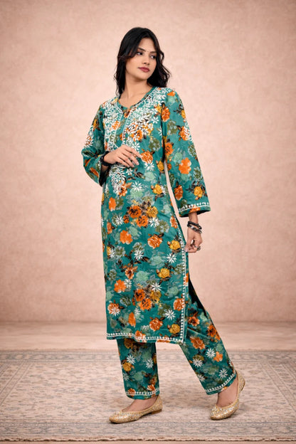 Leafy Meadow Green  Floral Printed Rayon Kurta Pant Set