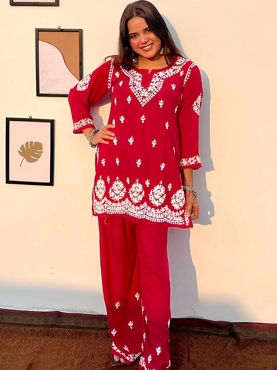 Gulnaar – Premium Rayon Embroidered Co - ord Set in Deep Red - Dniza Chikankari