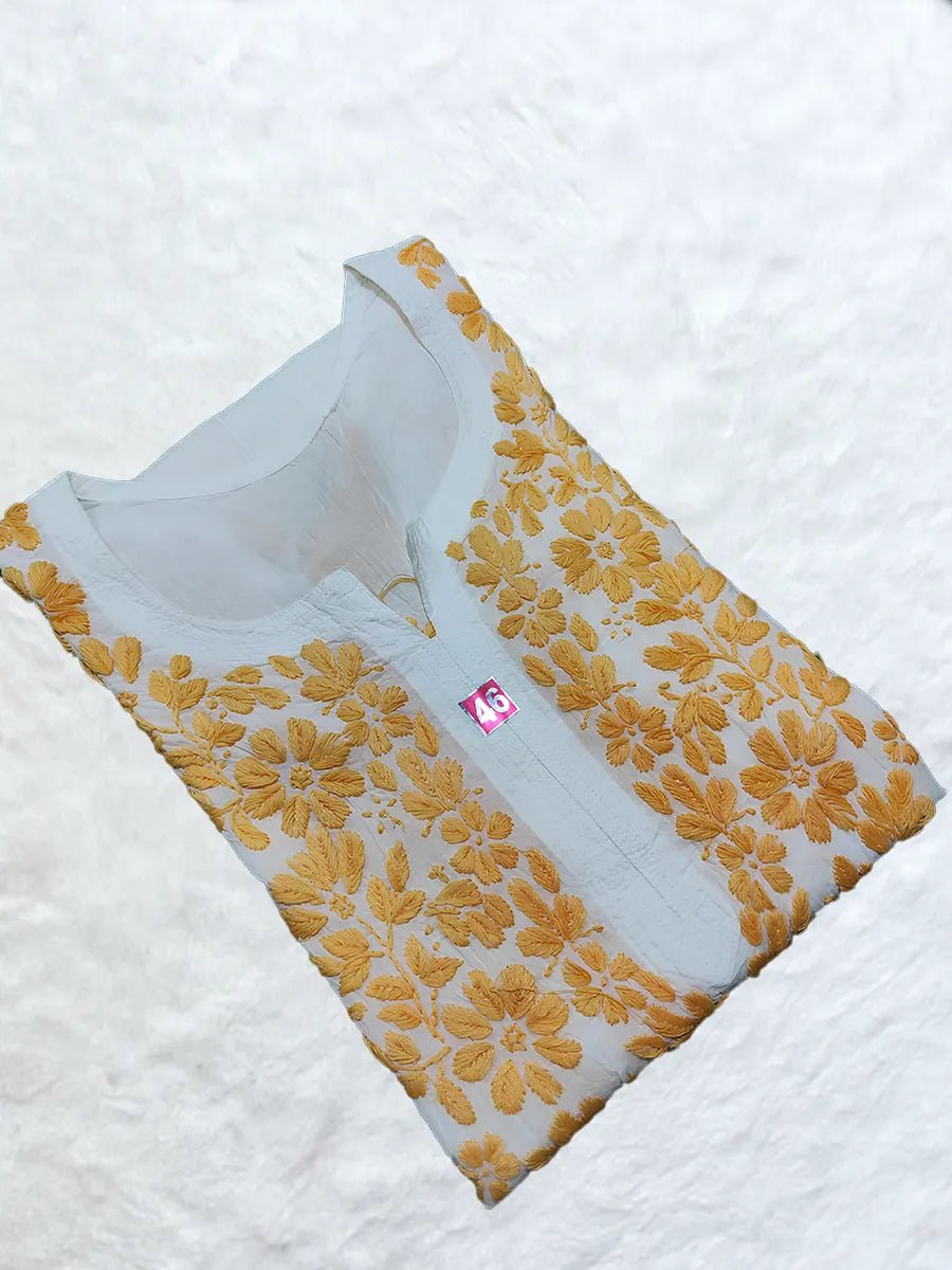 Gulzar Grace – White Mal Cotton Kurti with Mustard Ghaspatti Embroidery - Dniza Chikankari