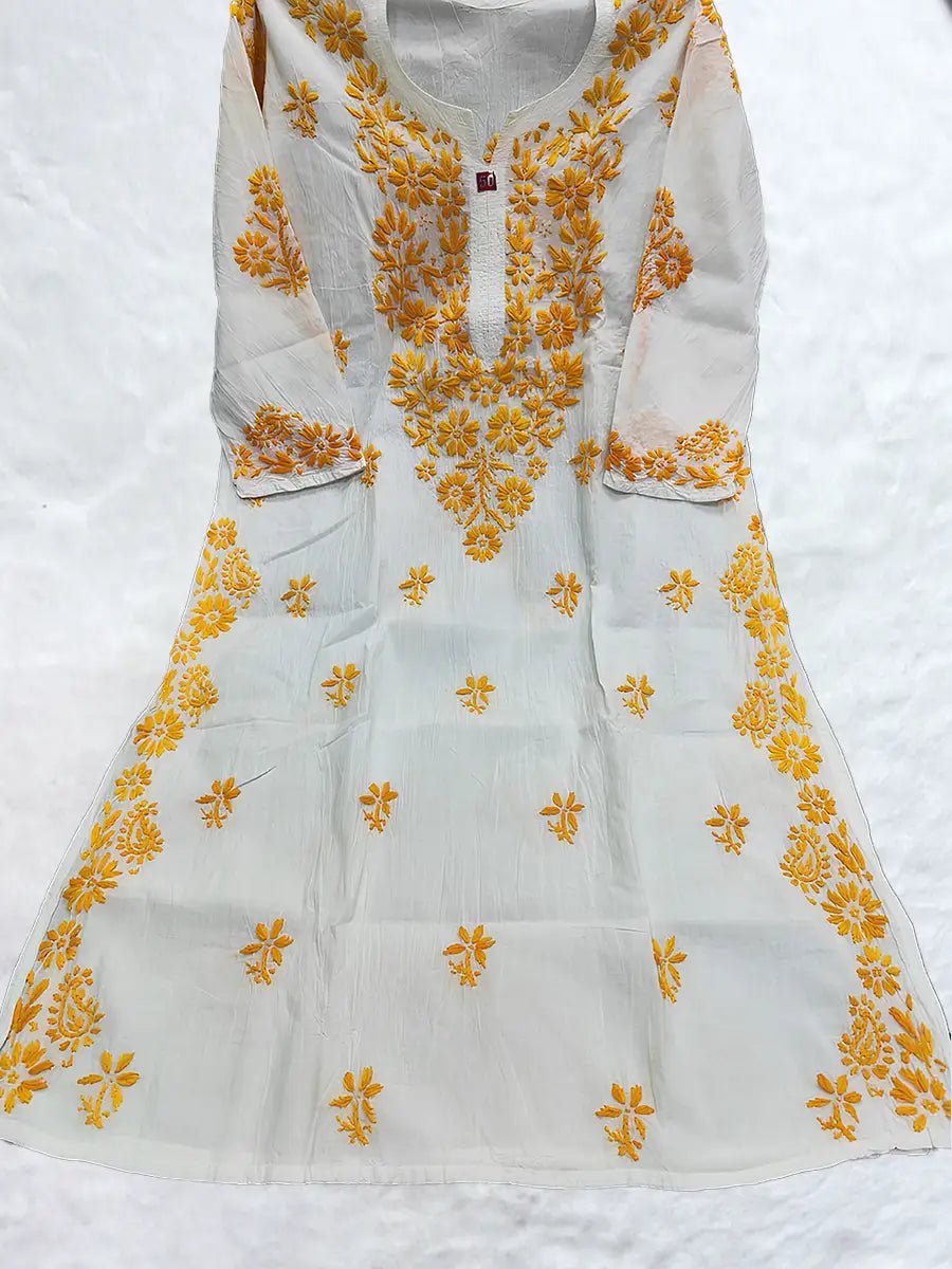 Gulzar Grace – White Mal Cotton Kurti with Mustard Ghaspatti Embroidery - Dniza Chikankari