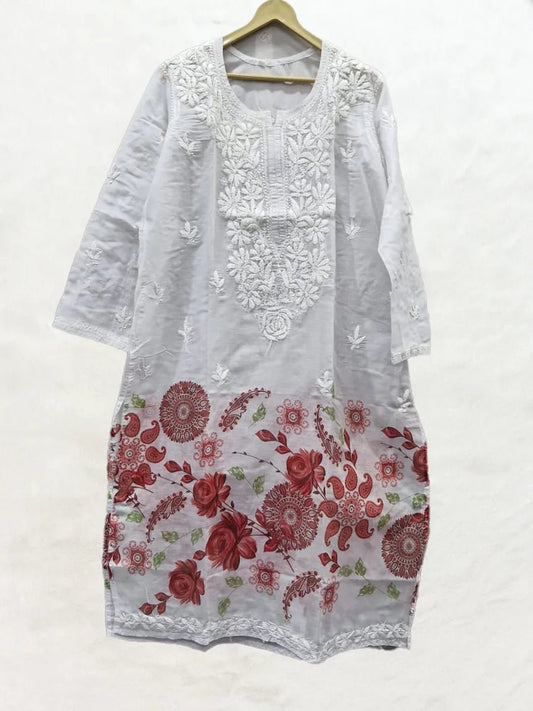 Ivory Bloom – Red Floral Long Kurti with White Ghas Patti Embroidery - Dniza Chikankari