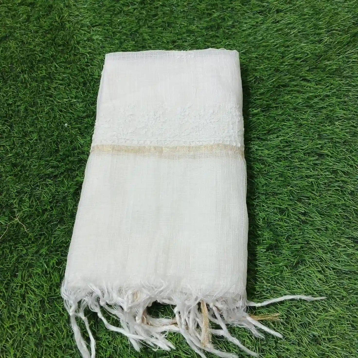 Ivory Essence – Off - White Munga Kota Dupatta with Fringed Ends - Dniza Chikankari