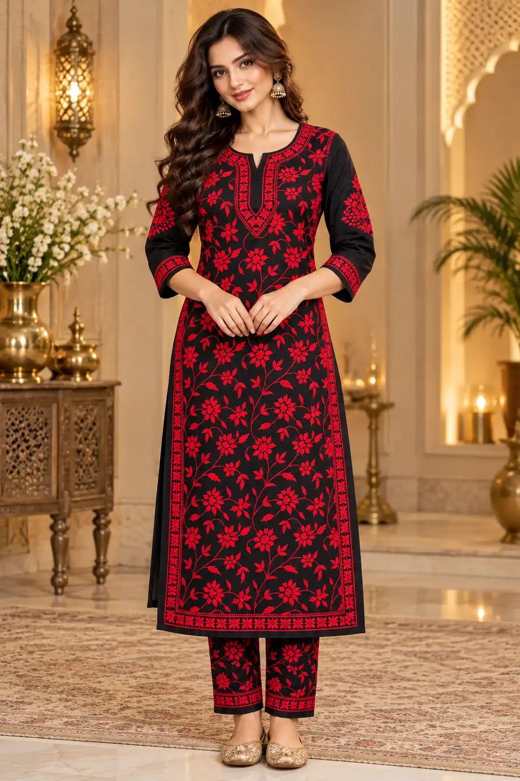 A woman modeling a black and red embroidered Indian kurta set with matching pants in an ornate indoor setting with warm lighting.