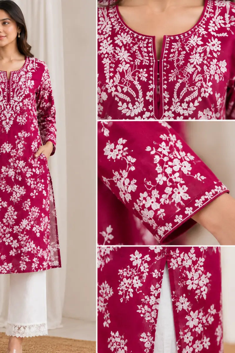 Malmal Cotton Computer Embroidered Kurti with White Palazzo Set