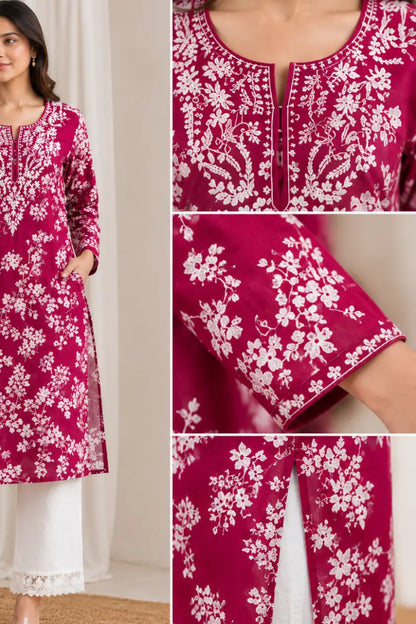 Malmal Cotton Computer Embroidered Kurti with White Palazzo Set