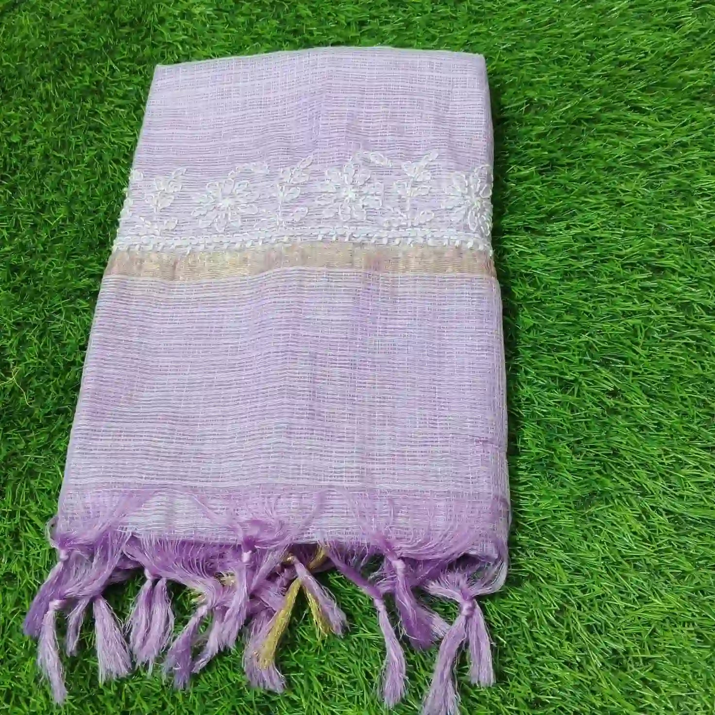 Lavender Grace – Munga Kota Dupatta with Banarasi Border - Dniza Chikankari