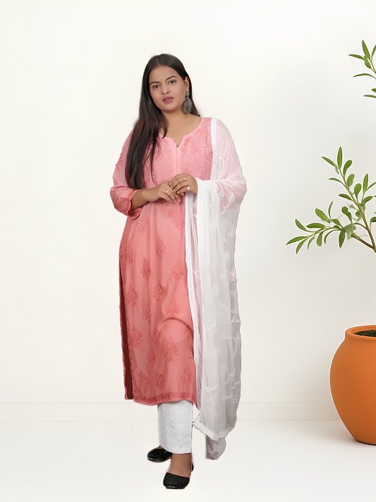 Luxury in Simplicity: Dusty coral Muslin Chikankari Kurti - Dniza Chikankari