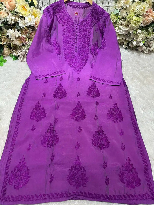 methyst Glaze – Royal Purple Chanderi Kurti with Regal Touch - Dniza Chikankari