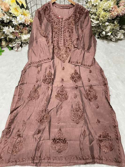Mocha Bloom – Dusty Brown Chanderi Kurti with Subtle Sheen - Dniza Chikankari