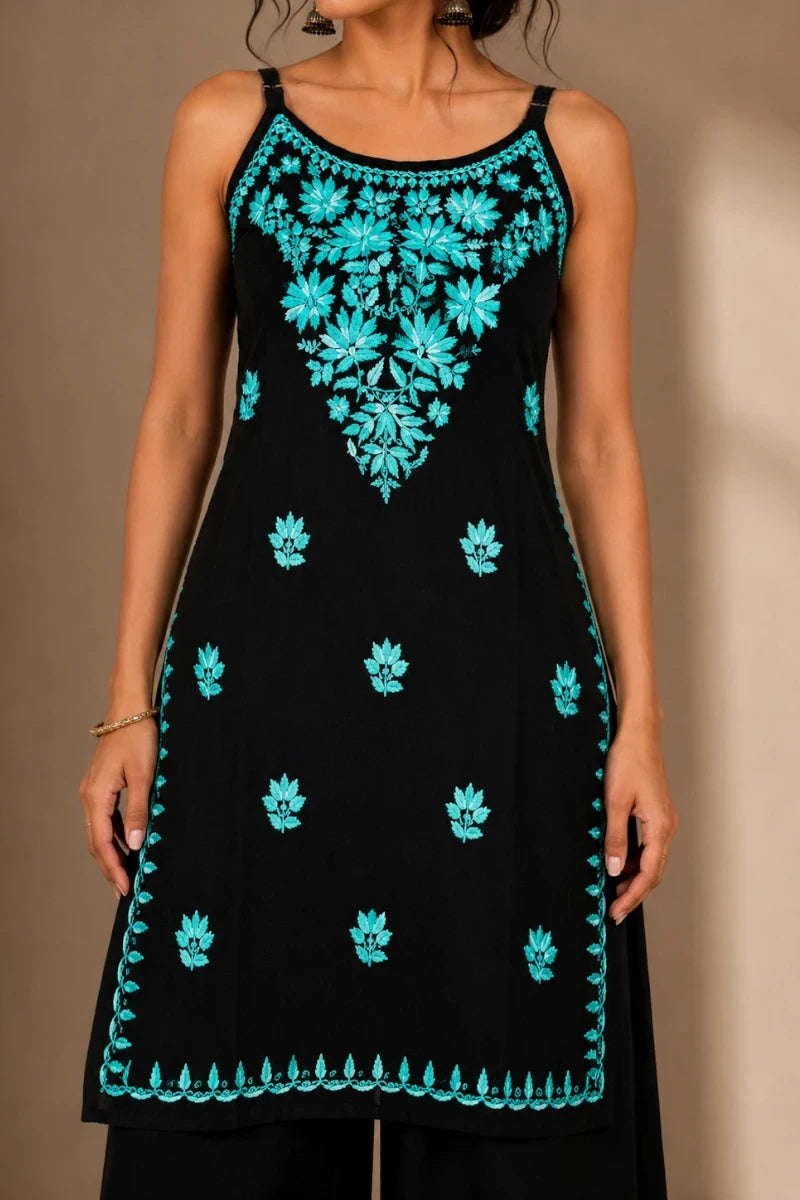 Noor Floral Embroidered Sleeveless Rayon Kurti Palazzo Set