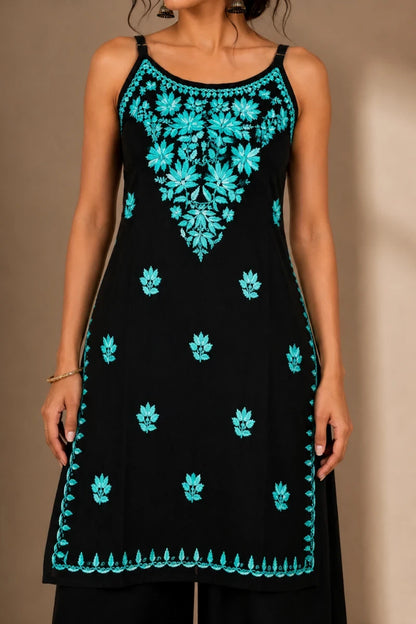 Noor Floral Embroidered Sleeveless Rayon Kurti Palazzo Set
