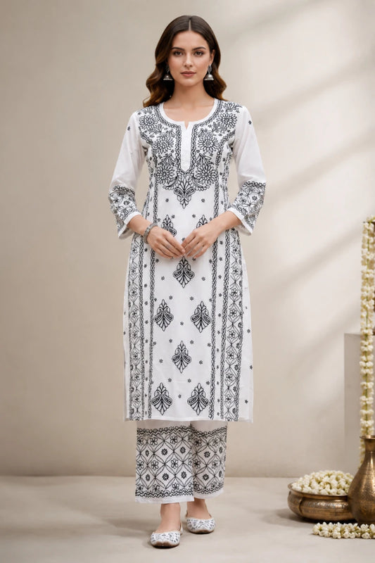 Premium Soft Rayon White & Black Embroidered Kurti Pant Set
