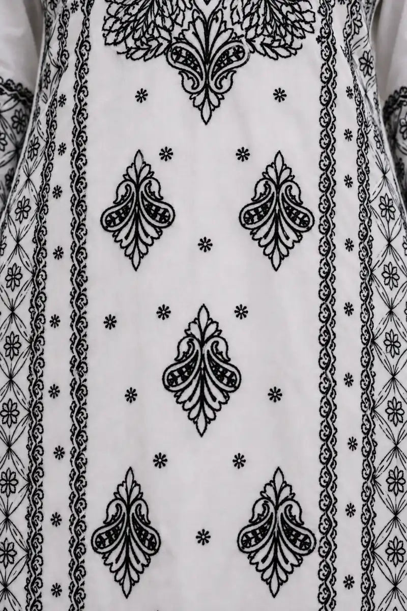 Premium Soft Rayon White & Black Embroidered Kurti Pant Set