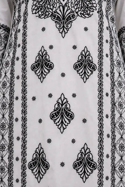 Premium Soft Rayon White & Black Embroidered Kurti Pant Set