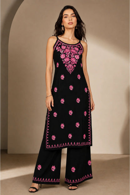 Noor Floral Embroidered Sleeveless Rayon Kurti Palazzo Set