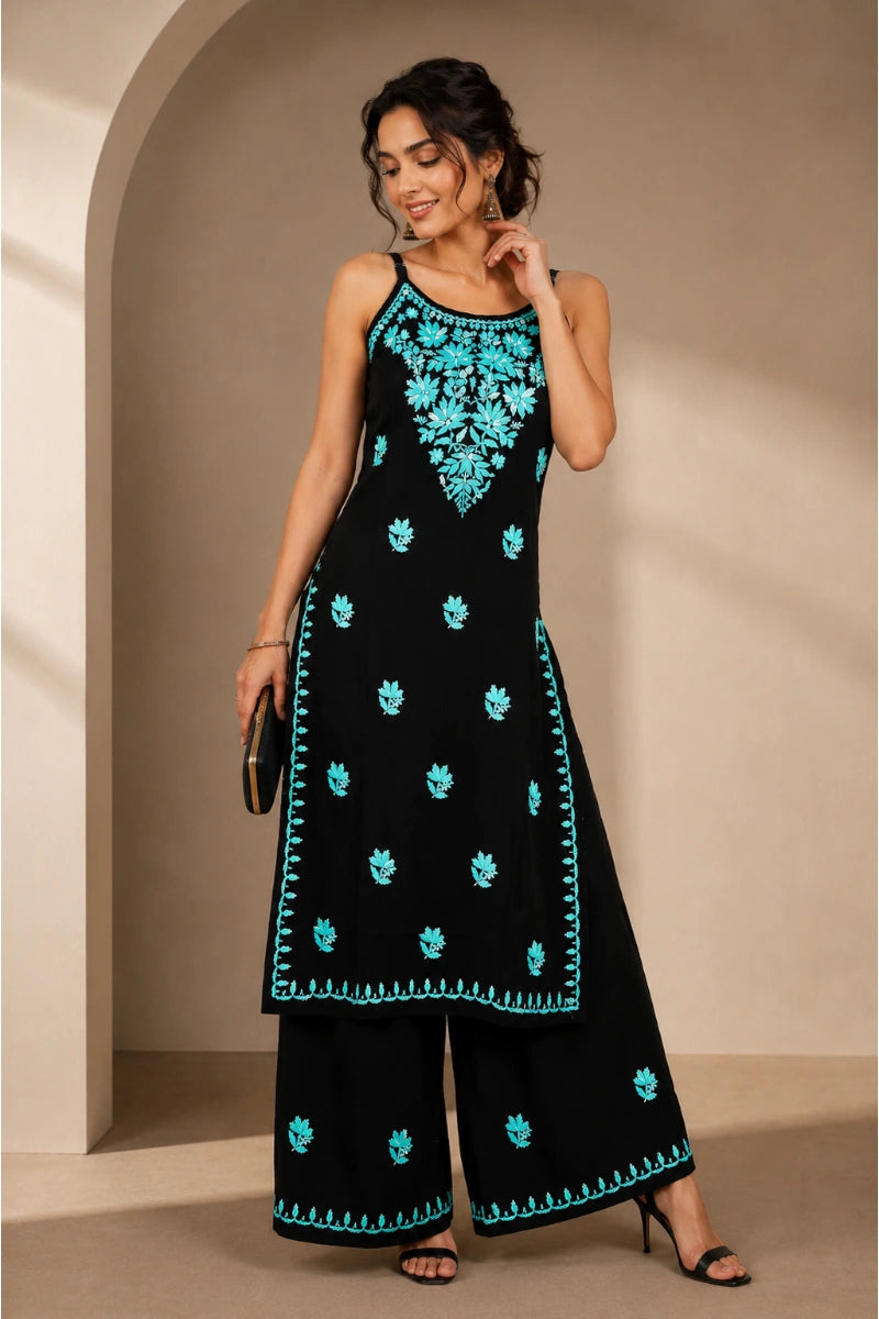 Noor Floral Embroidered Sleeveless Rayon Kurti Palazzo Set