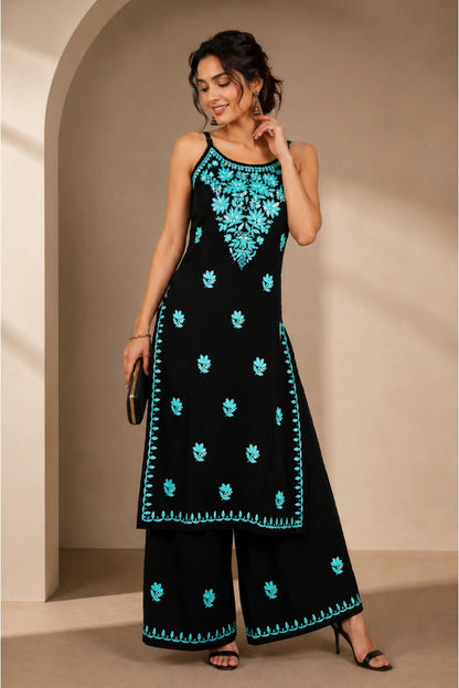 Noor Floral Embroidered Sleeveless Rayon Kurti Palazzo Set