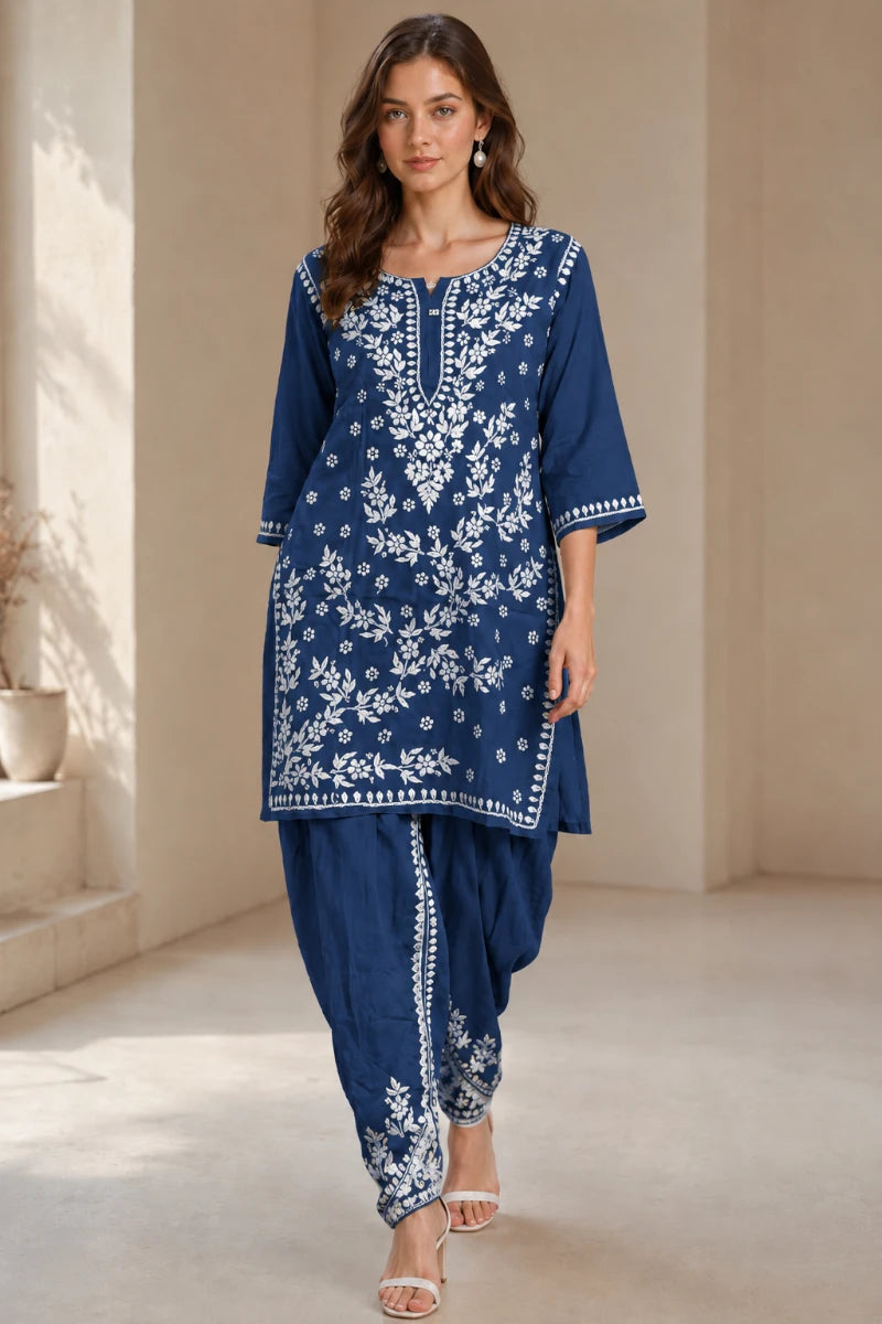 Dniza Rayon Dhoti Set with White Embroidered Kurti