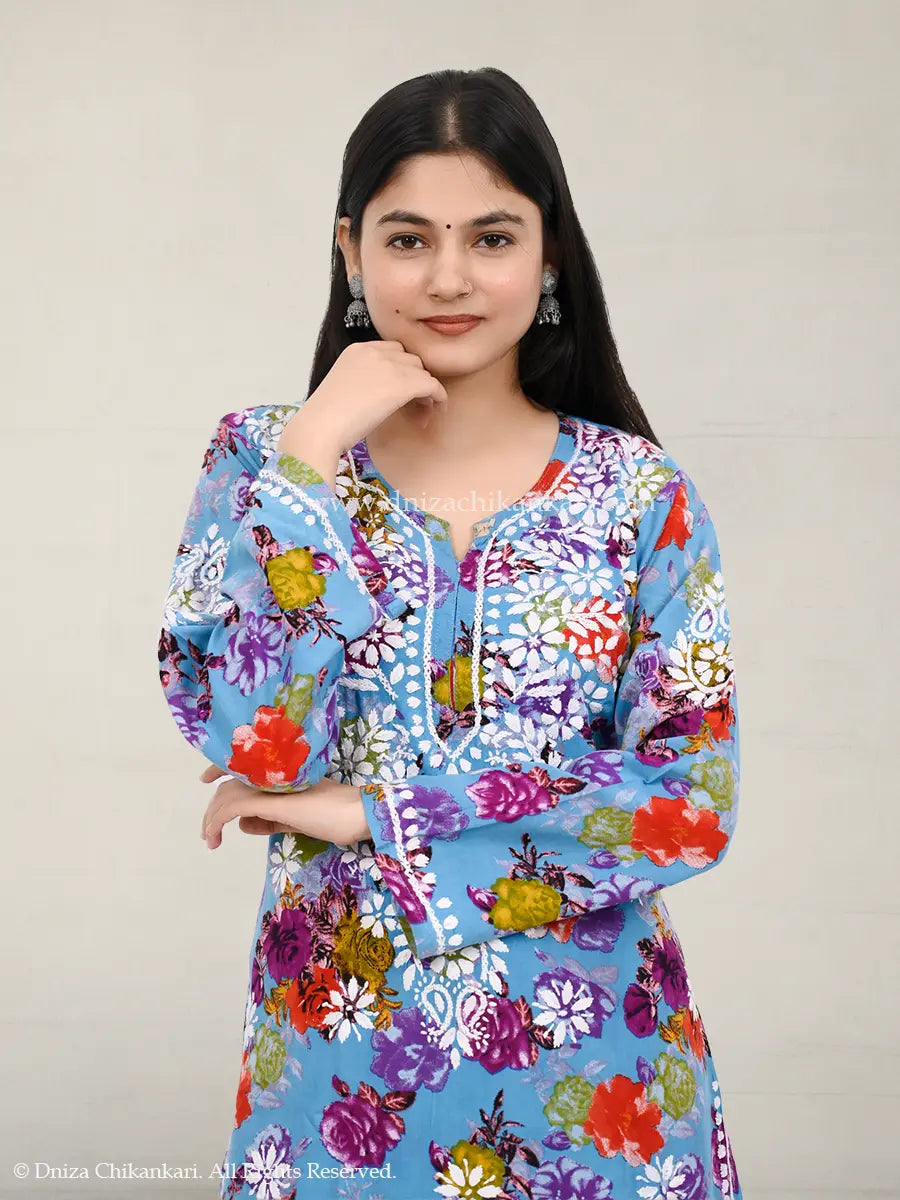 Sky blue rayon floral embroidered chikankari plazo set with 44-inch kurti