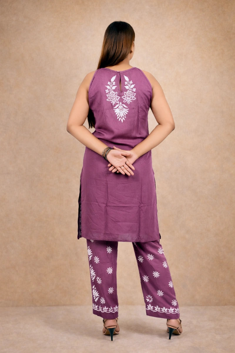 new sleevless chikankari coord set back view