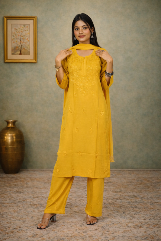 Mustard Yellow Handmade Rayon Chikankari Kurti Pant Dupatta 3-Piece Set