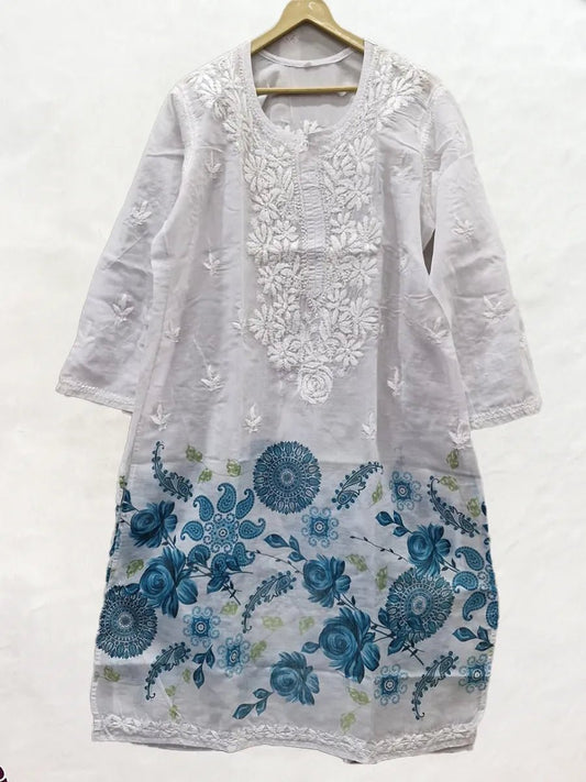 Ocean Bloom – Sky Blue Floral Long Kurti with White Embroidery - Dniza Chikankari
