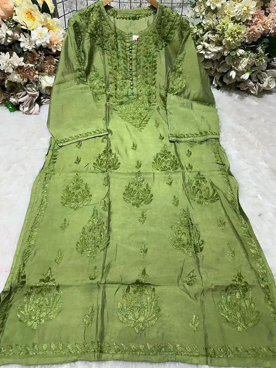 Olive Dew – Light Olive Green Chanderi Kurti with Classic Bota - Dniza Chikankari